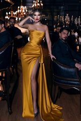 Gold strapless applique mermaid prom dress