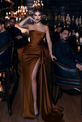 Chocolate strapless applique mermaid prom dress