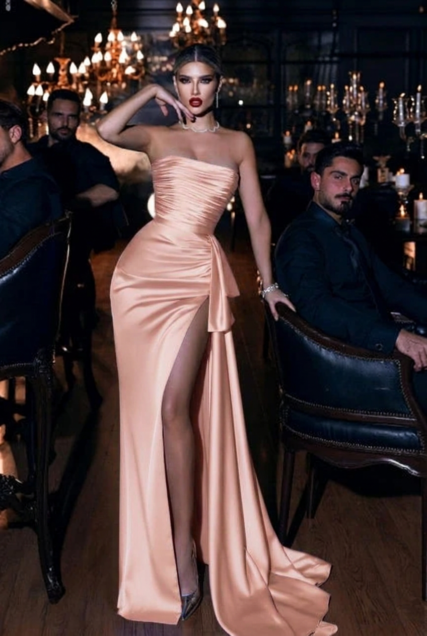 Pearl pink strapless applique mermaid prom dress