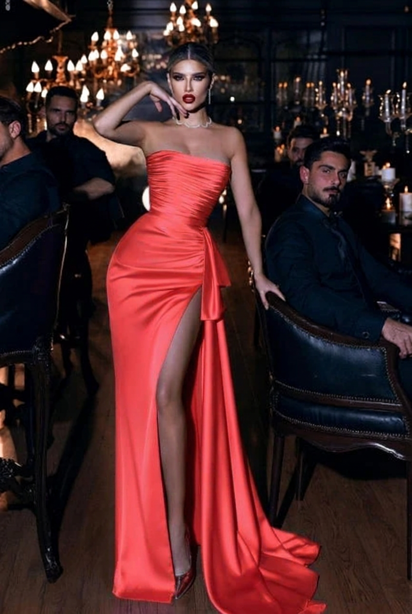 Coral strapless applique mermaid prom dress
