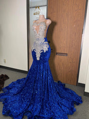 Royal Blue Mermaid Prom Dress Illusion Scoop Neck Spaghetti Straps Silver Crystal Fan Radial Beading Baroque Scroll Applique Sequin Cathedral Train Gown