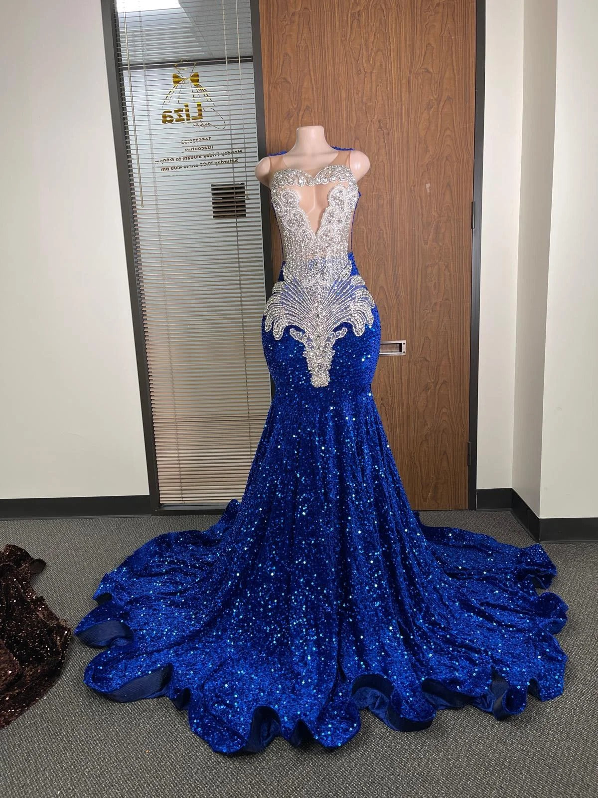 Royal Blue Mermaid Prom Dress Illusion Scoop Neck Spaghetti Straps Silver Crystal Fan Radial Beading Baroque Scroll Applique Sequin Cathedral Train Gown