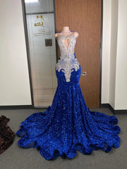 Royal Blue Mermaid Prom Dress Illusion Scoop Neck Spaghetti Straps Silver Crystal Fan Radial Beading Baroque Scroll Applique Sequin Cathedral Train Gown