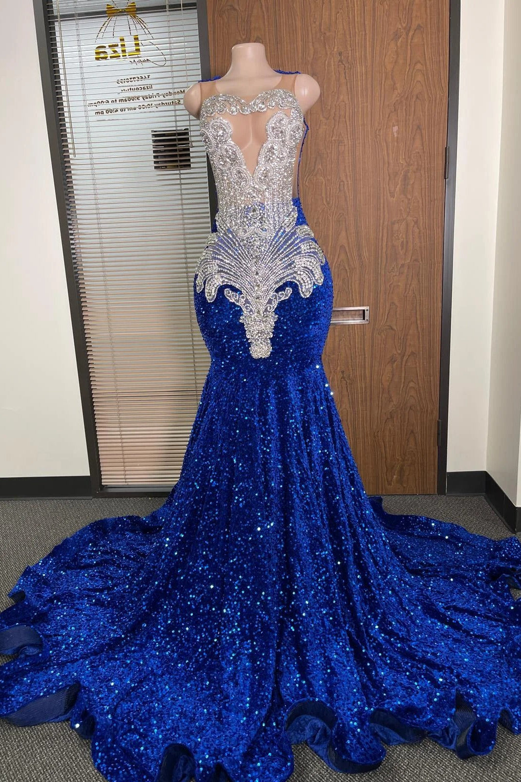 Royal Blue Mermaid Prom Dress Illusion Scoop Neck Spaghetti Straps Silver Crystal Fan Radial Beading Baroque Scroll Applique Sequin Cathedral Train Gown