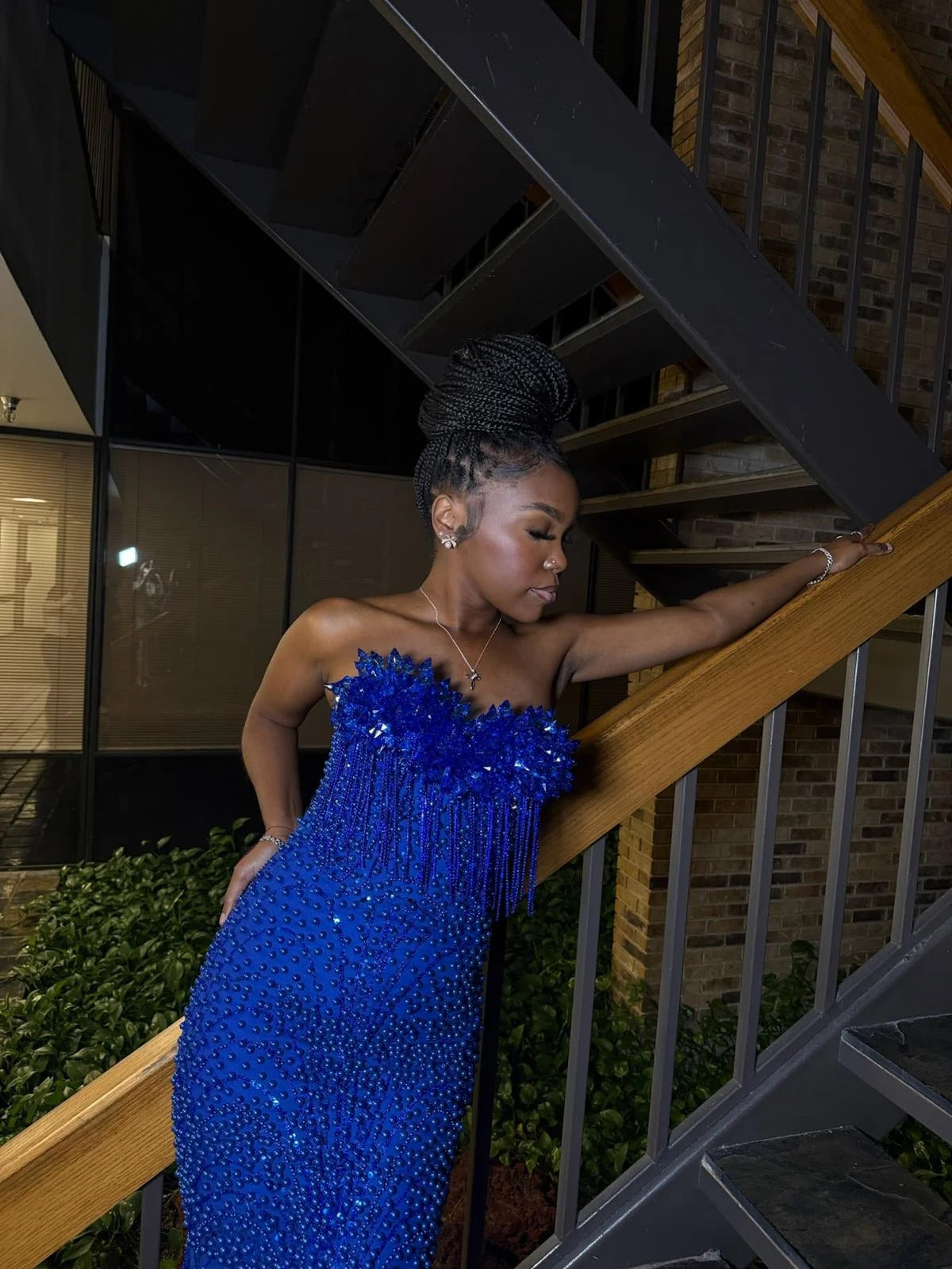 Royal Blue Mermaid Prom Dress Strapless Sweetheart 3D Crystal Spike Crown Edge Blue Crystal Fringe Tassel Rhinestone Beaded Sequin Sweep Train Gown