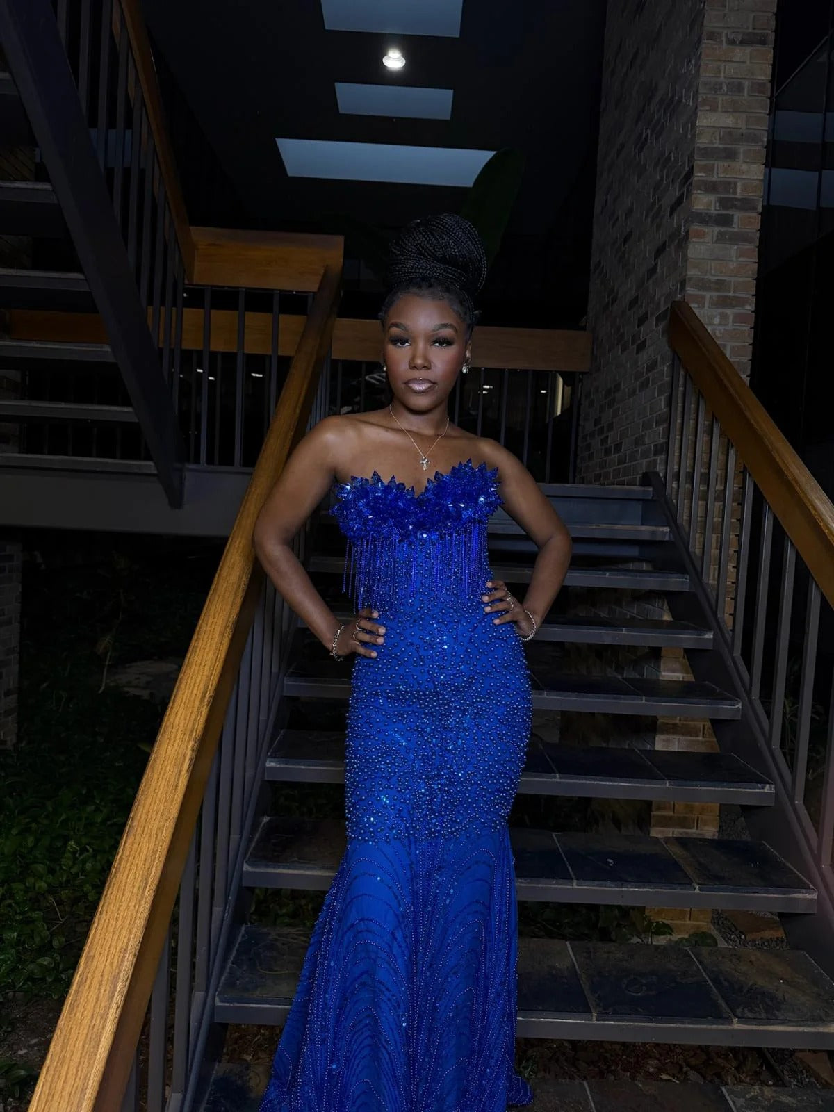 Royal Blue Mermaid Prom Dress Strapless Sweetheart 3D Crystal Spike Crown Edge Blue Crystal Fringe Tassel Rhinestone Beaded Sequin Sweep Train Gown