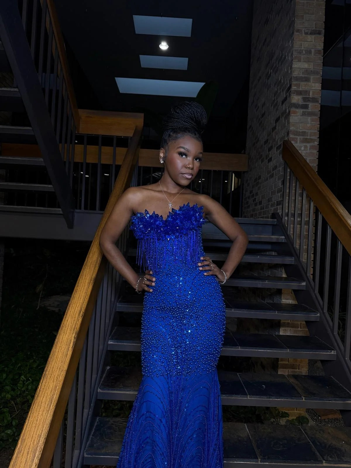 Royal Blue Mermaid Prom Dress Strapless Sweetheart 3D Crystal Spike Crown Edge Blue Crystal Fringe Tassel Rhinestone Beaded Sequin Sweep Train Gown
