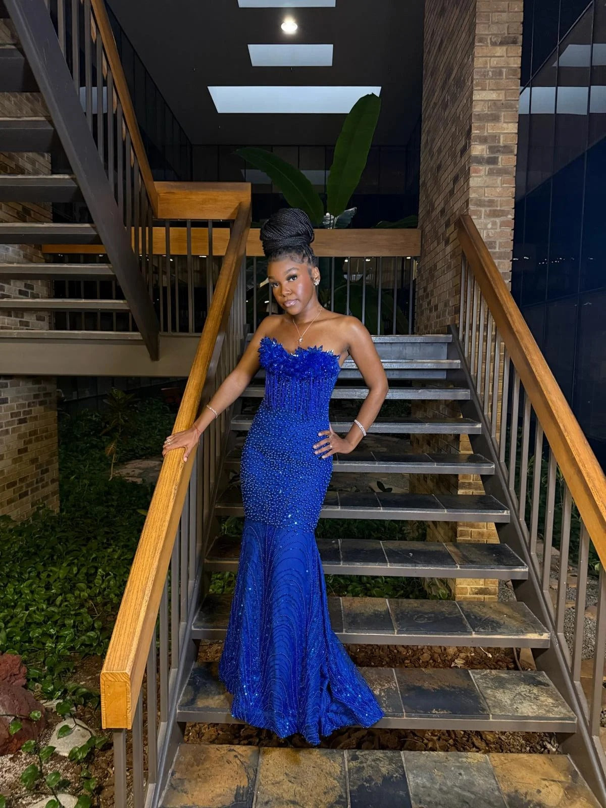 Royal Blue Mermaid Prom Dress Strapless Sweetheart 3D Crystal Spike Crown Edge Blue Crystal Fringe Tassel Rhinestone Beaded Sequin Sweep Train Gown