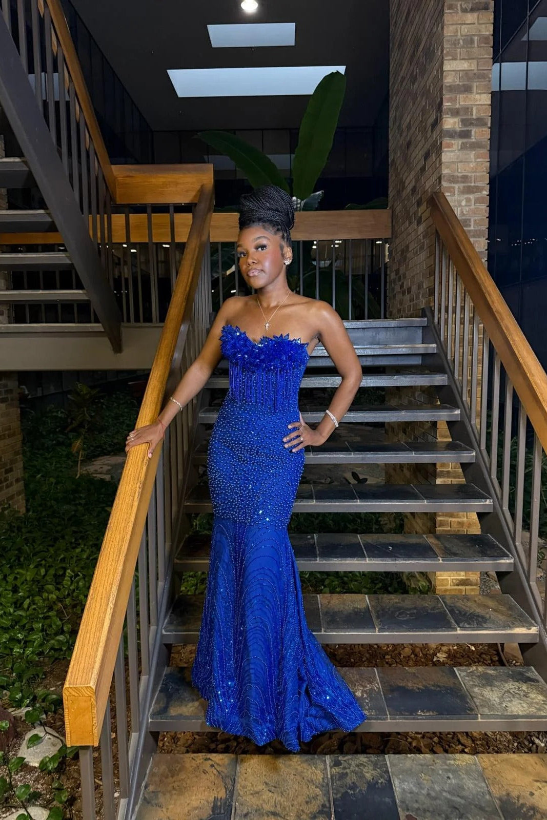 Royal Blue Mermaid Prom Dress Strapless Sweetheart 3D Crystal Spike Crown Edge Blue Crystal Fringe Tassel Rhinestone Beaded Sequin Sweep Train Gown