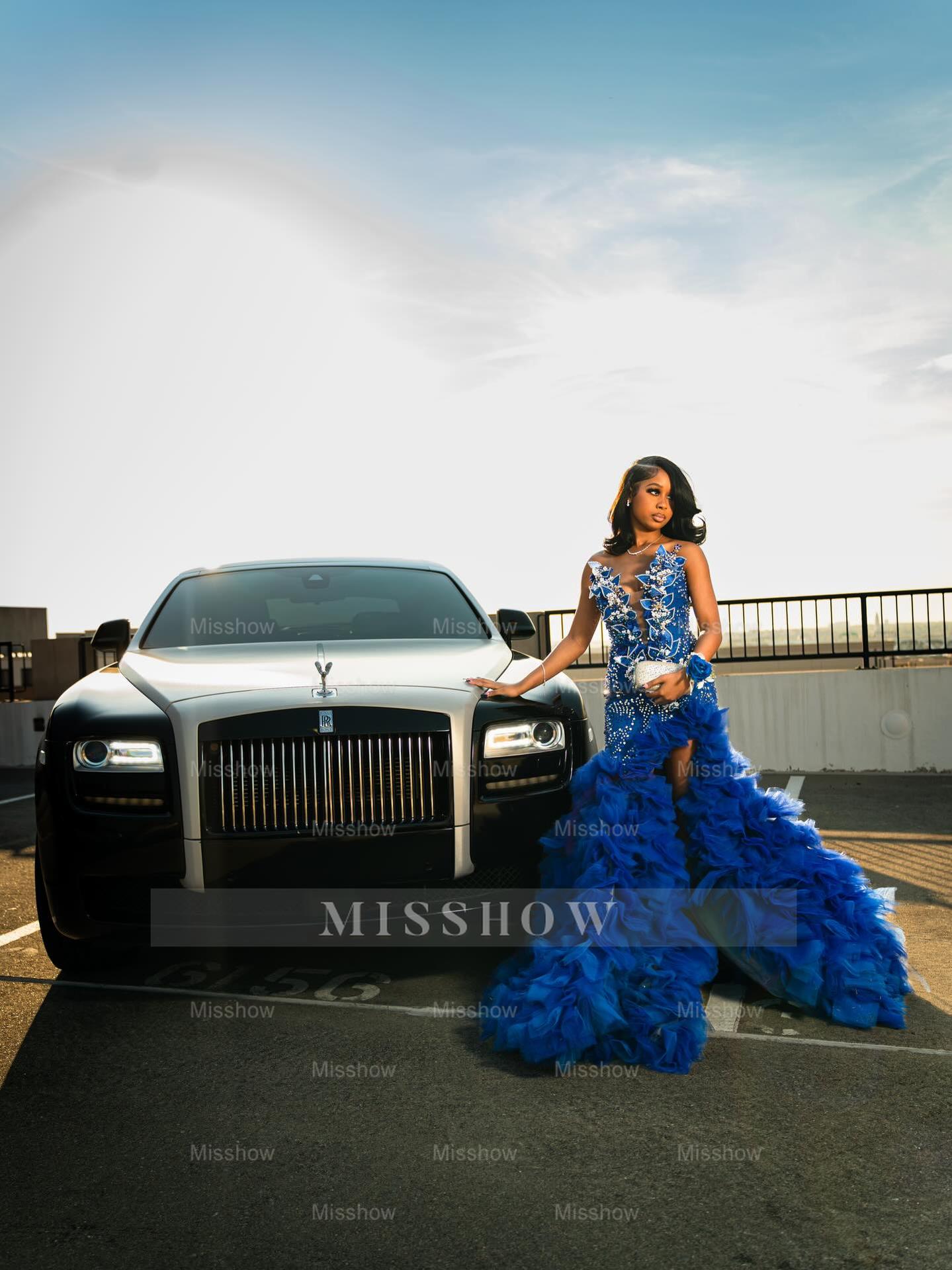 Royal blue v-neck split-front mermaid prom dress