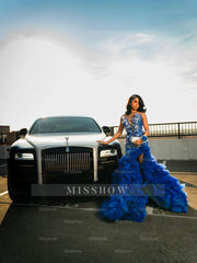 Royal blue v-neck split-front mermaid prom dress