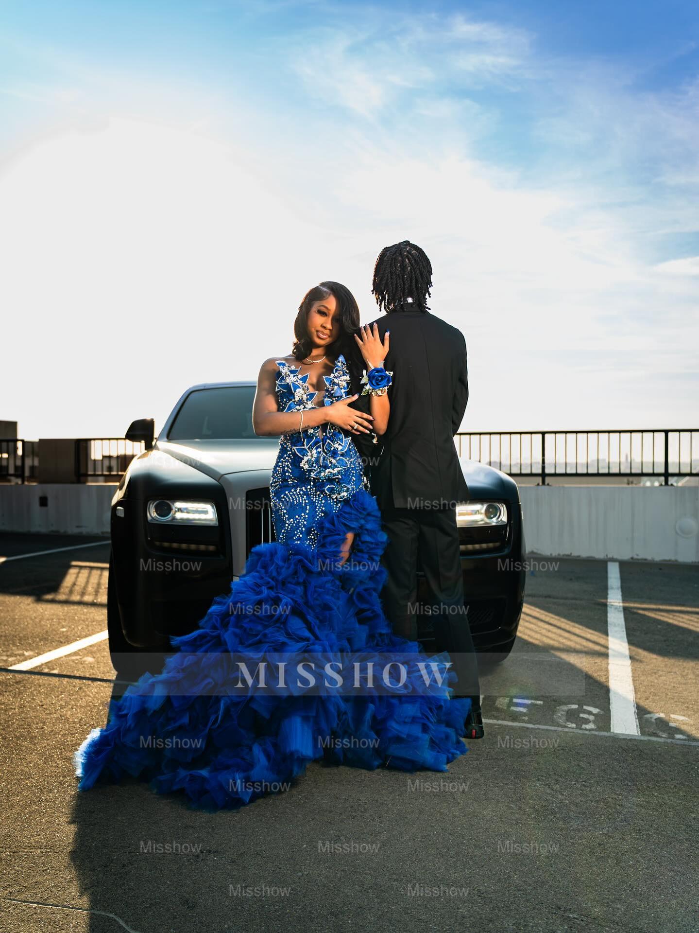 Royal blue v-neck split-front mermaid prom dress