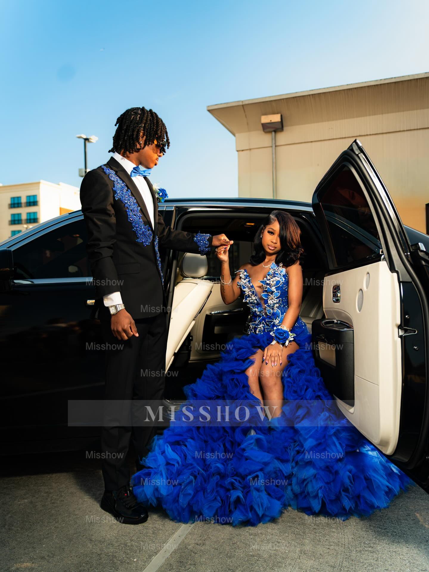 Royal blue v-neck split-front mermaid prom dress