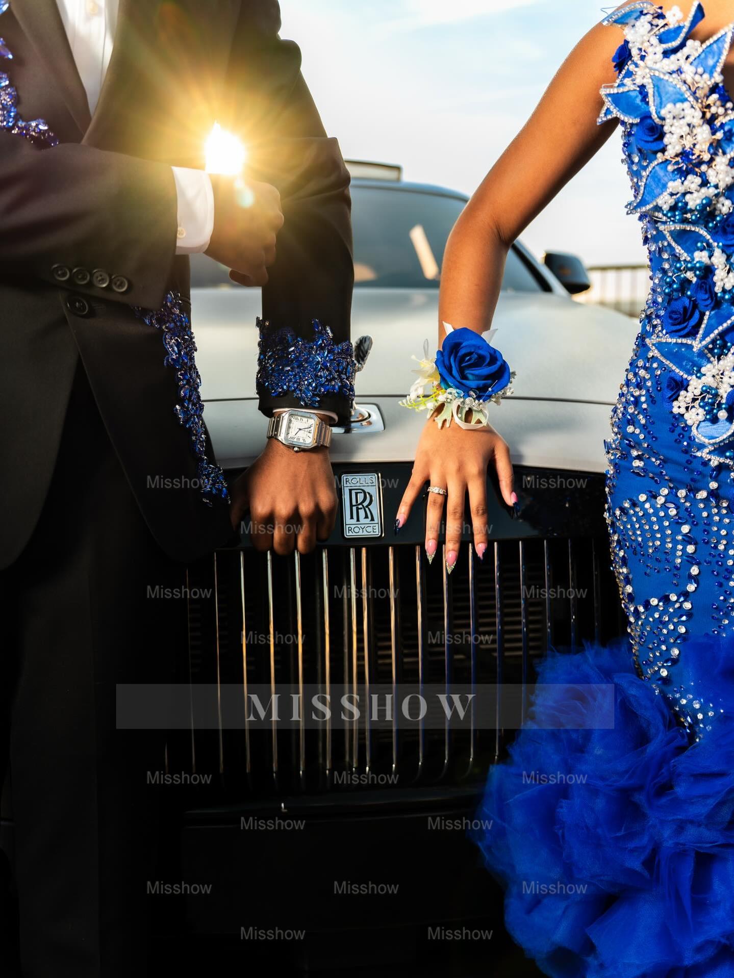 Royal blue v-neck split-front mermaid prom dress