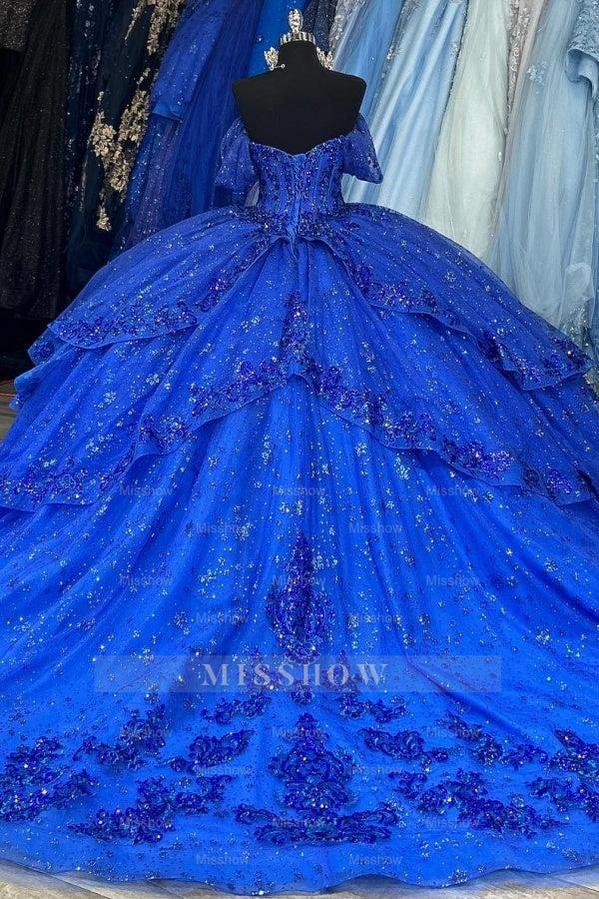 Royal Blue Off-Shoulder Short Sleeve Sequin Applique Ruffled Ball Gown Quinceanera Dress
