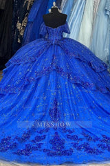 Royal Blue Off-Shoulder Short Sleeve Sequin Applique Ruffled Ball Gown Quinceanera Dress