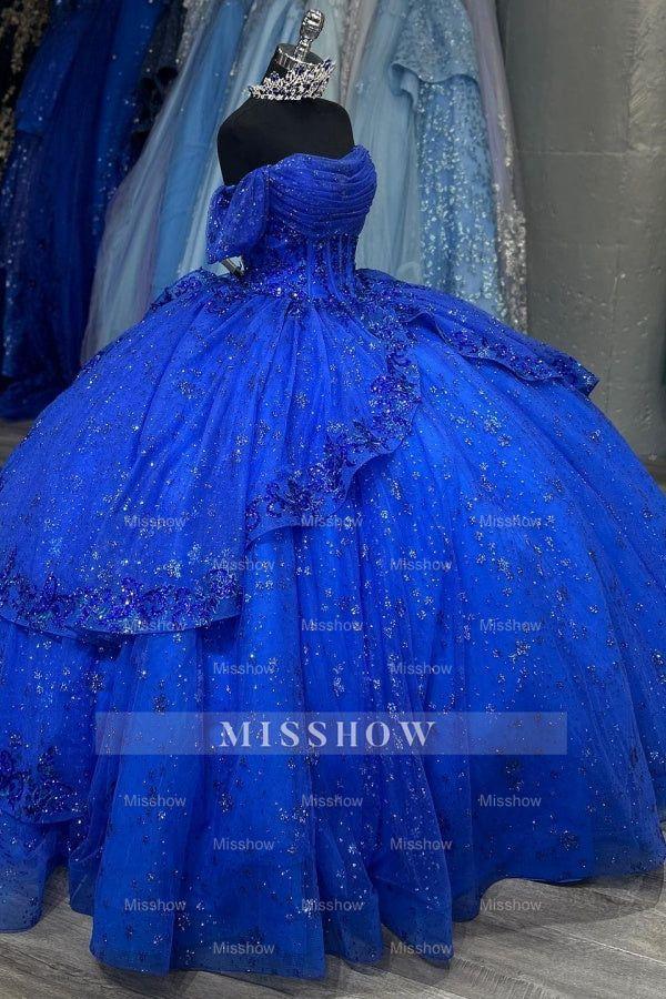 Royal Blue Off-Shoulder Short Sleeve Sequin Applique Ruffled Ball Gown Quinceanera Dress