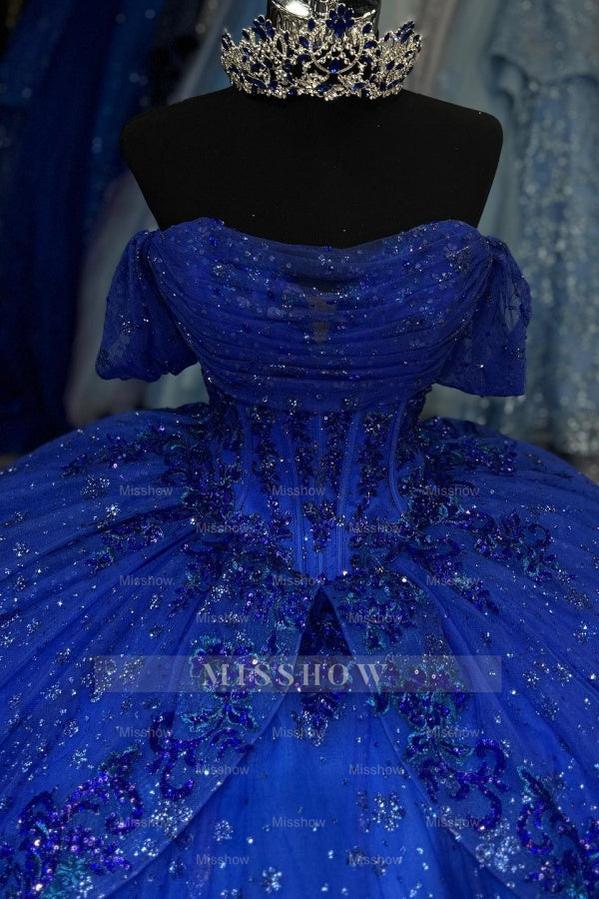 Royal Blue Off-Shoulder Short Sleeve Sequin Applique Ruffled Ball Gown Quinceanera Dress