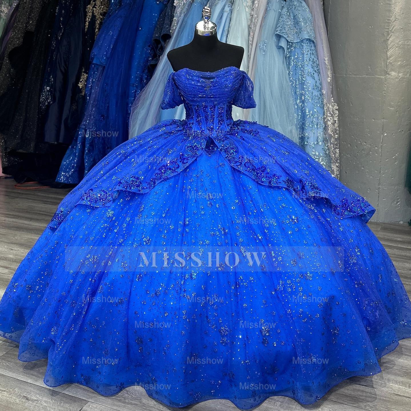 Royal Blue Off-Shoulder Short Sleeve Sequin Applique Ruffled Ball Gown Quinceanera Dress