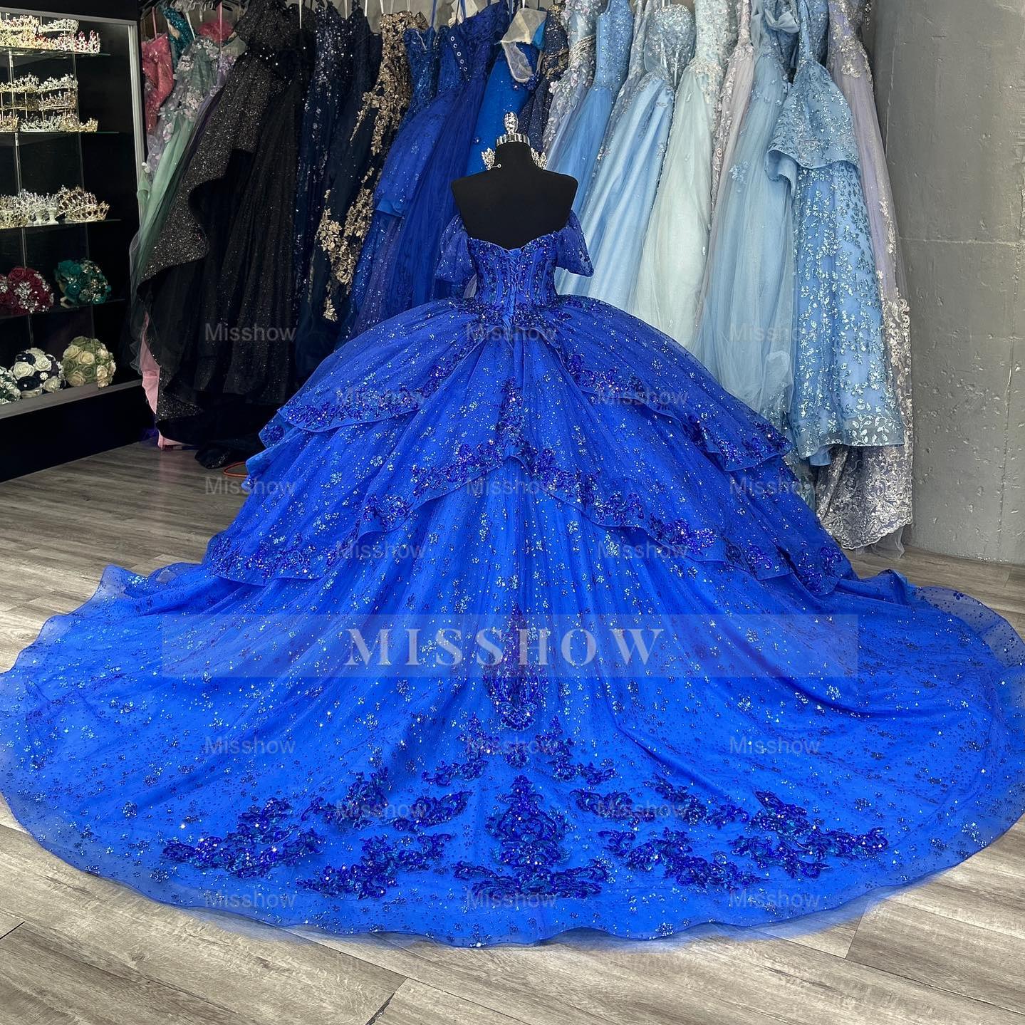 Royal Blue Off-Shoulder Short Sleeve Sequin Applique Ruffled Ball Gown Quinceanera Dress