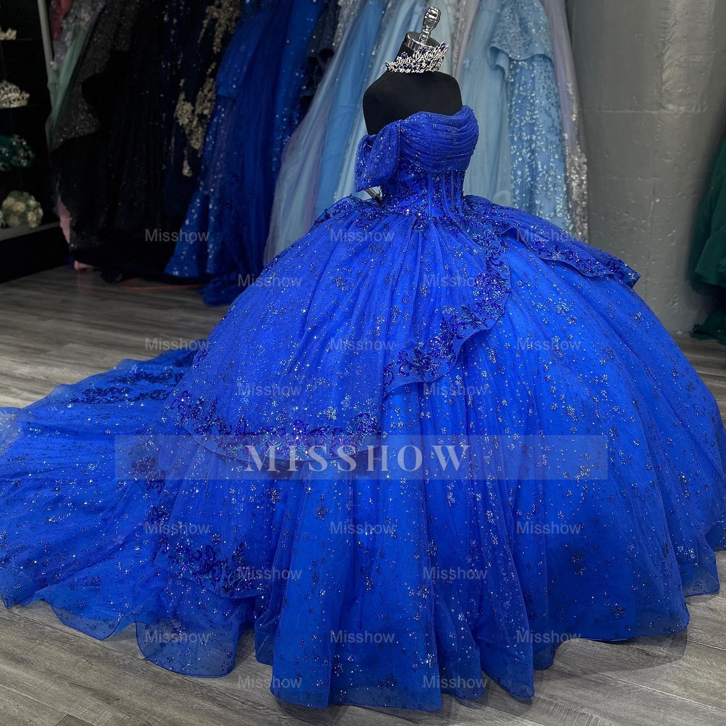 Royal Blue Off-Shoulder Short Sleeve Sequin Applique Ruffled Ball Gown Quinceanera Dress