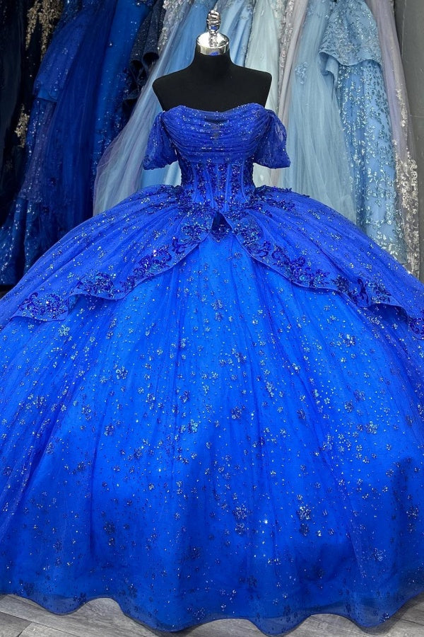 Royal Blue Off-Shoulder Short Sleeve Sequin Applique Ruffled Ball Gown Quinceanera Dress