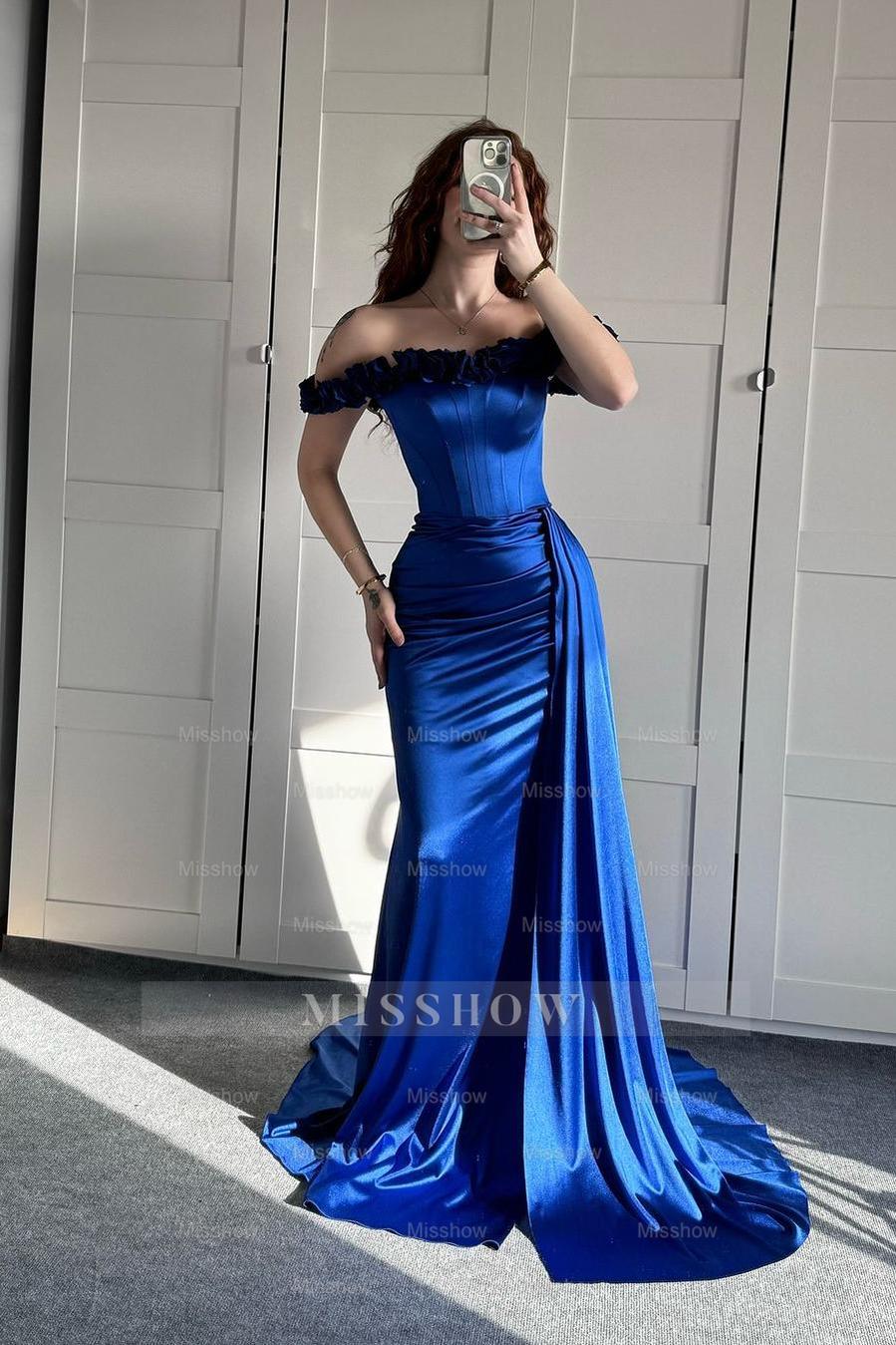 Royal Blue Off-the-Shoulder Sleeveless Mermaid Satin Ruffled Floor Formal Evening Dress
