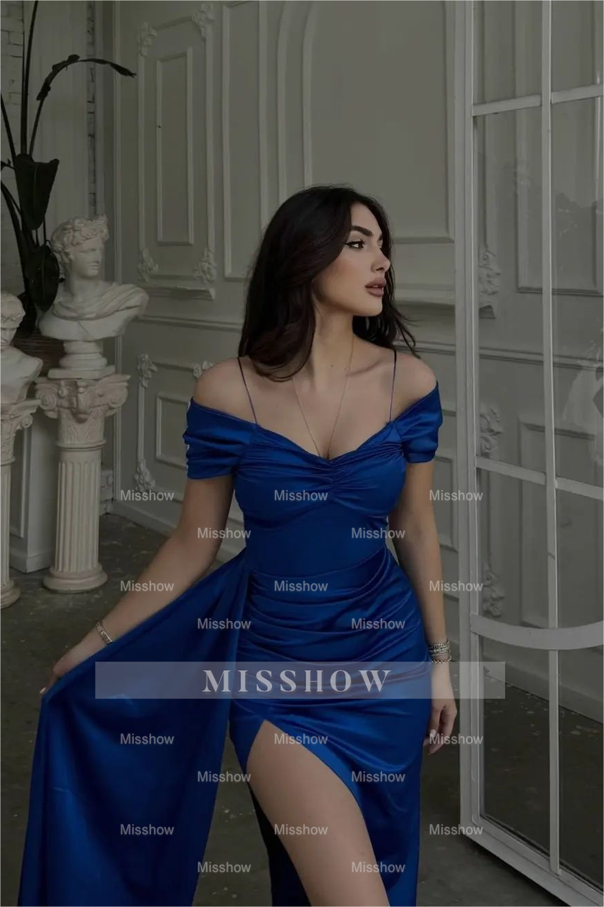 Royal Blue Off-the-Shoulder Sleeveless Satin Fit and Flare Floor Formal Evening Dress