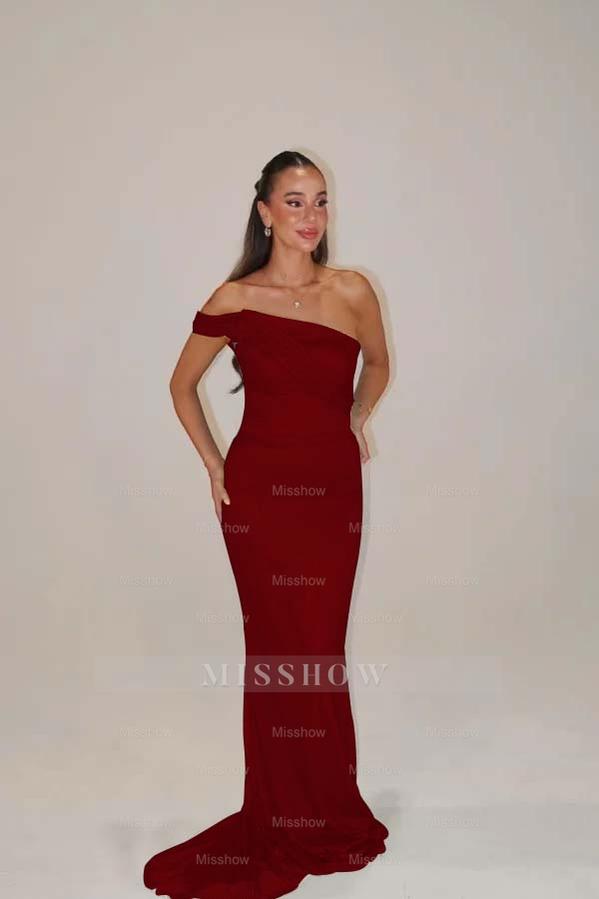 Burgundy off-the-shoulder beaded mermaid evening dress