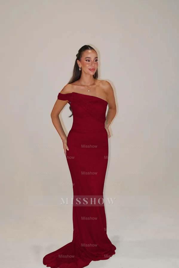 Burgundy off-the-shoulder beaded mermaid evening dress