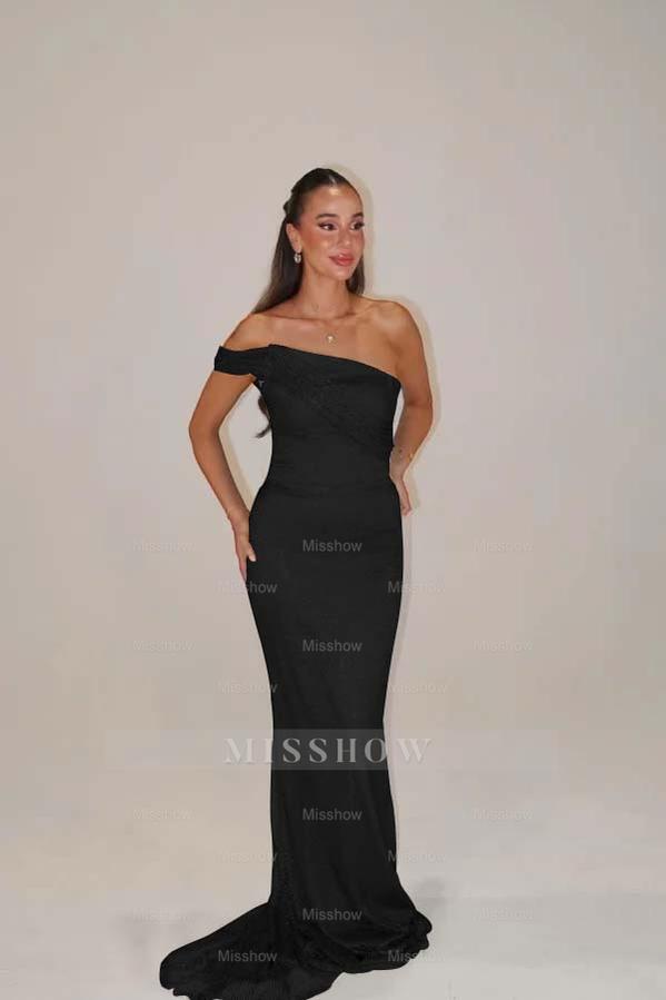 Black off-the-shoulder beaded mermaid evening dress