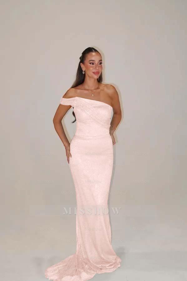 Pink off-the-shoulder beaded mermaid evening dress