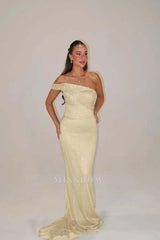 Champagne off-the-shoulder beaded mermaid evening dress
