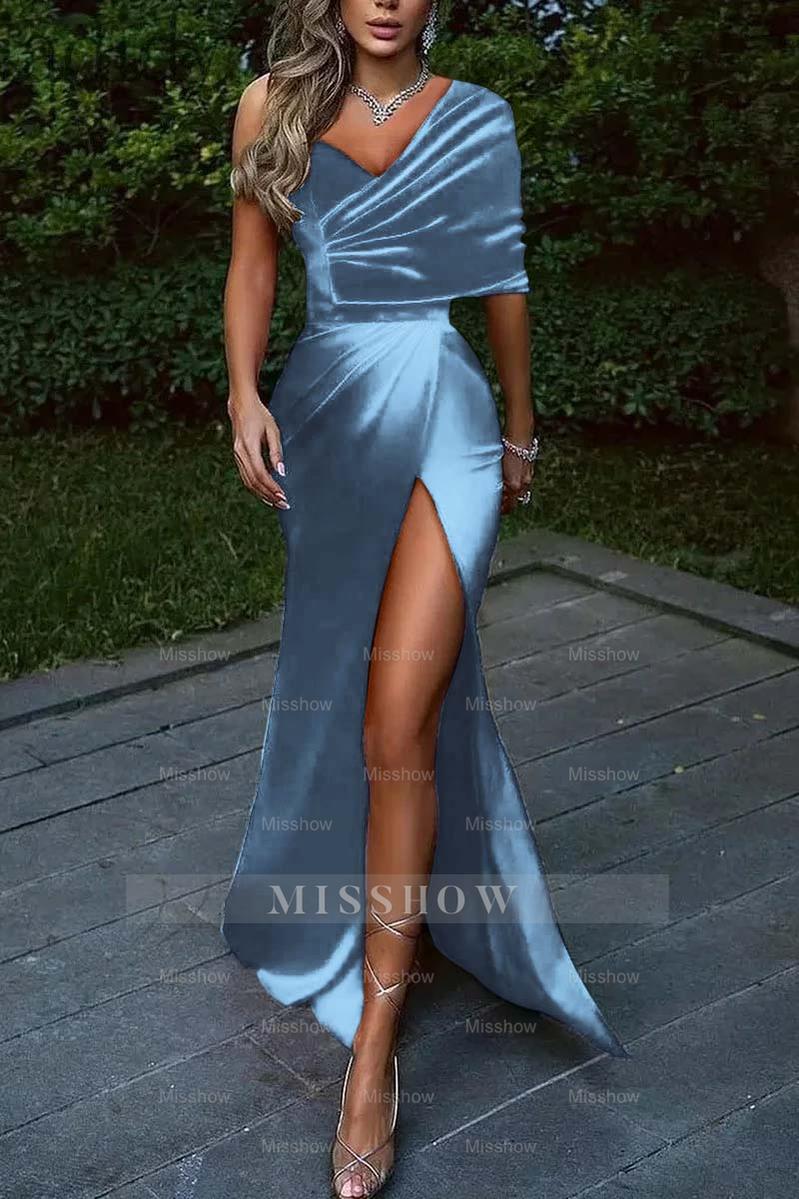 Royal Blue One Shoulder Mermaid Long Formal Dress With Front Split