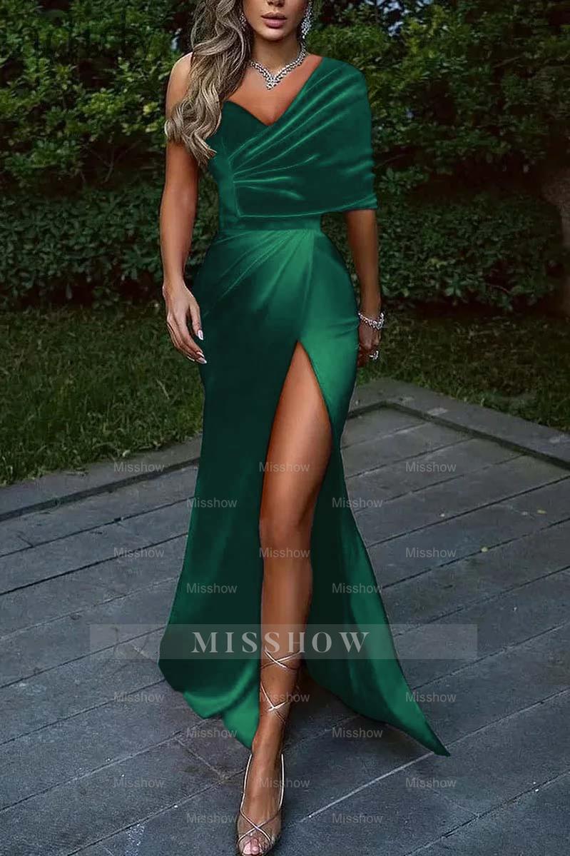 Royal Blue One Shoulder Mermaid Long Formal Dress With Front Split