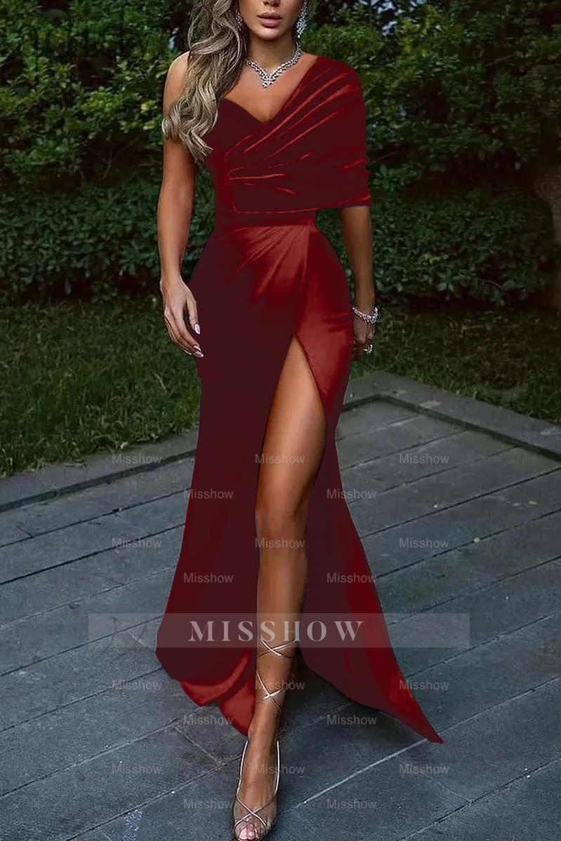 Royal Blue One Shoulder Mermaid Long Formal Dress With Front Split