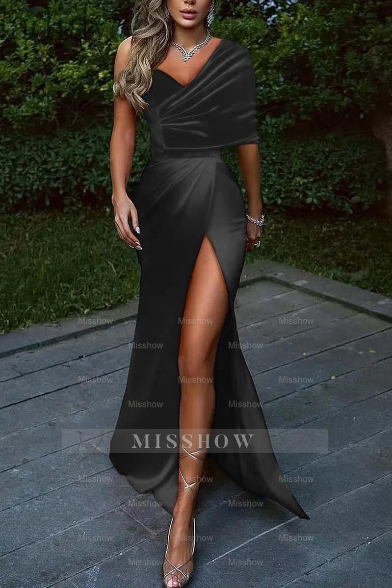 Royal Blue One Shoulder Mermaid Long Formal Dress With Front Split