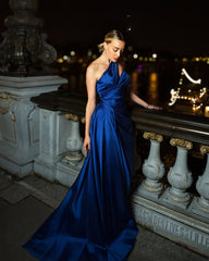 Royal Blue One Shoulder Satin A-line Formal Dress Open Back Draped Sweep Train Evening Gown