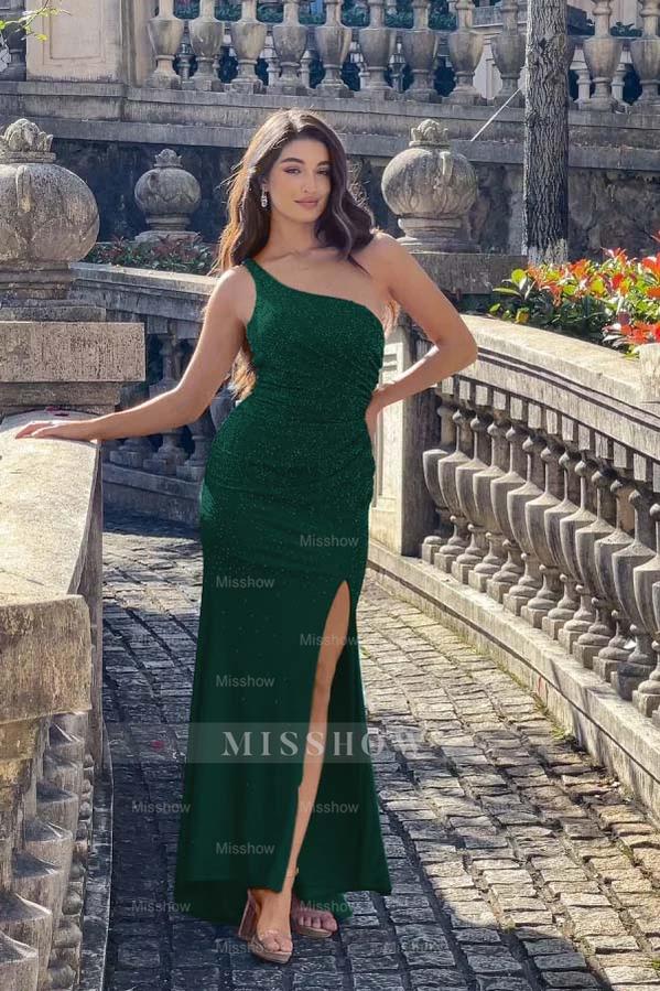 Dark green one shoulder rhinestone bodycon evening dress