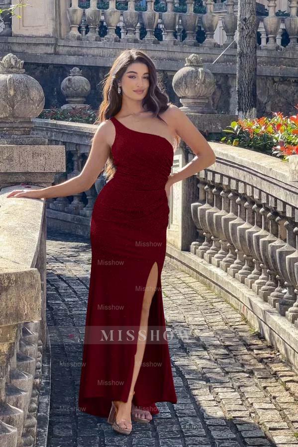 Burgundy one shoulder rhinestone bodycon evening dress