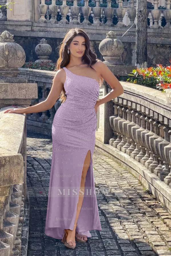 Lilac one shoulder rhinestone bodycon evening dress