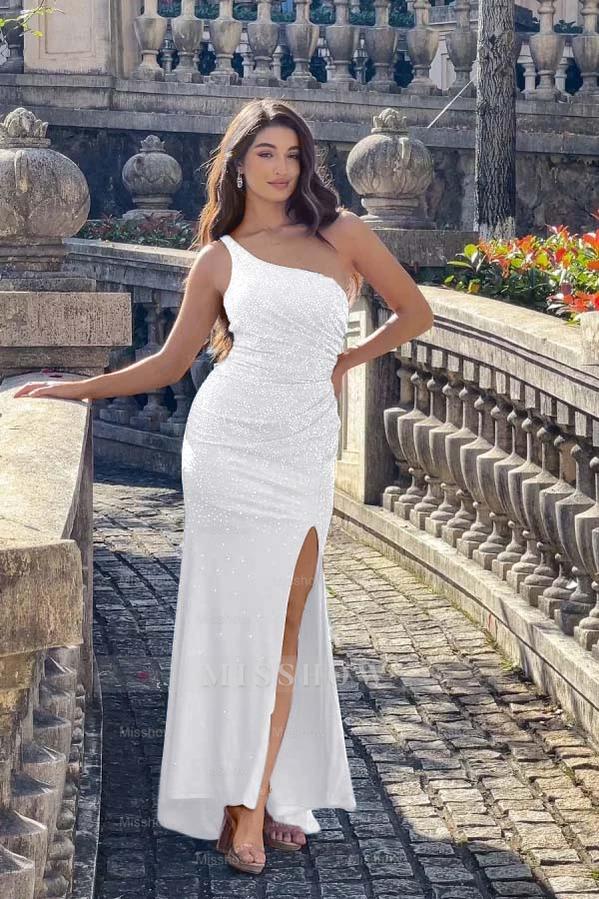 White one shoulder rhinestone bodycon evening dress