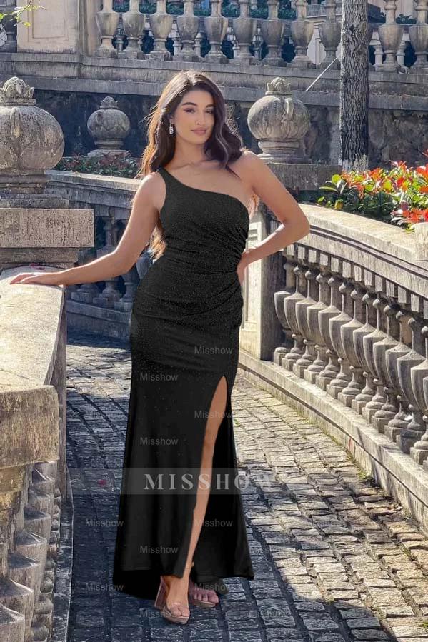Black one shoulder rhinestone bodycon evening dress