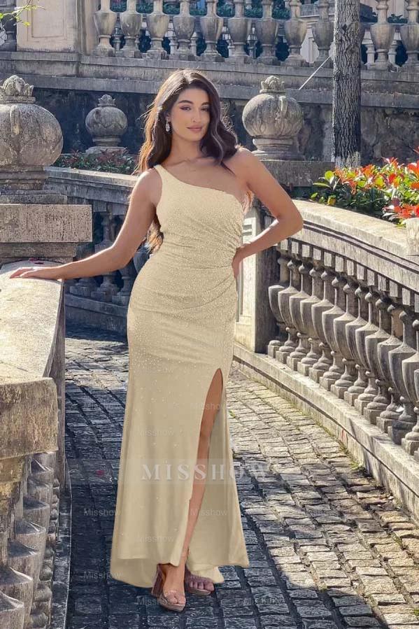 Light champagne one shoulder rhinestone bodycon evening dress