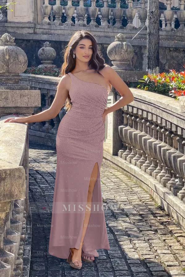 Dusty rose one shoulder rhinestone bodycon evening dress