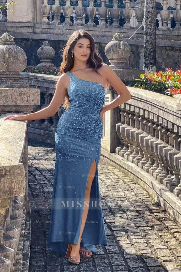Dusty blue one shoulder rhinestone bodycon evening dress