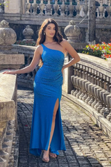 Royal blue one shoulder rhinestone bodycon evening dress