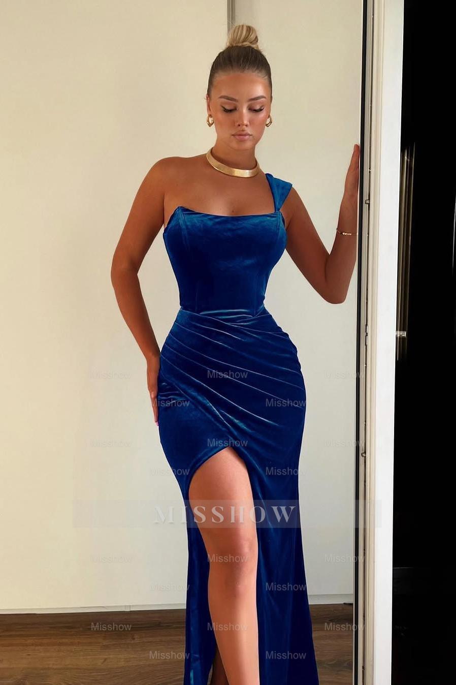 Royal blue one shoulder ruched velvet column evening dress