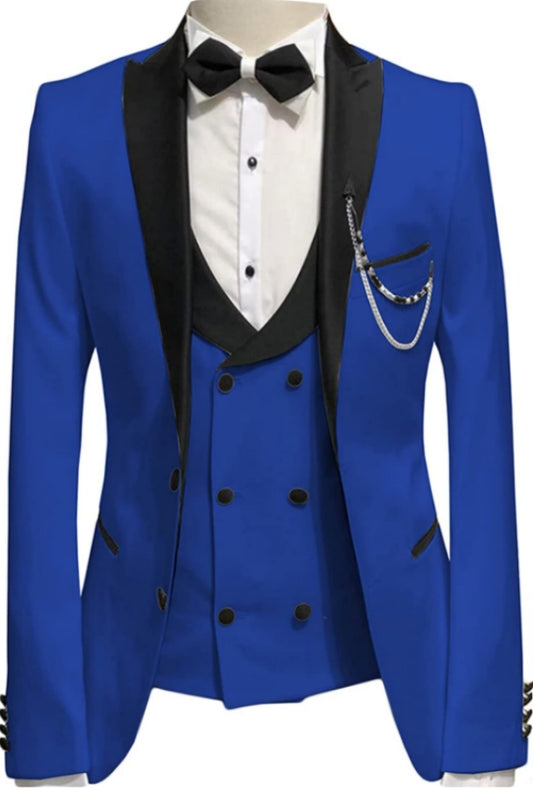 Royal Blue Peaked Lapel Three-Piece Snug Fit Prom Attire
