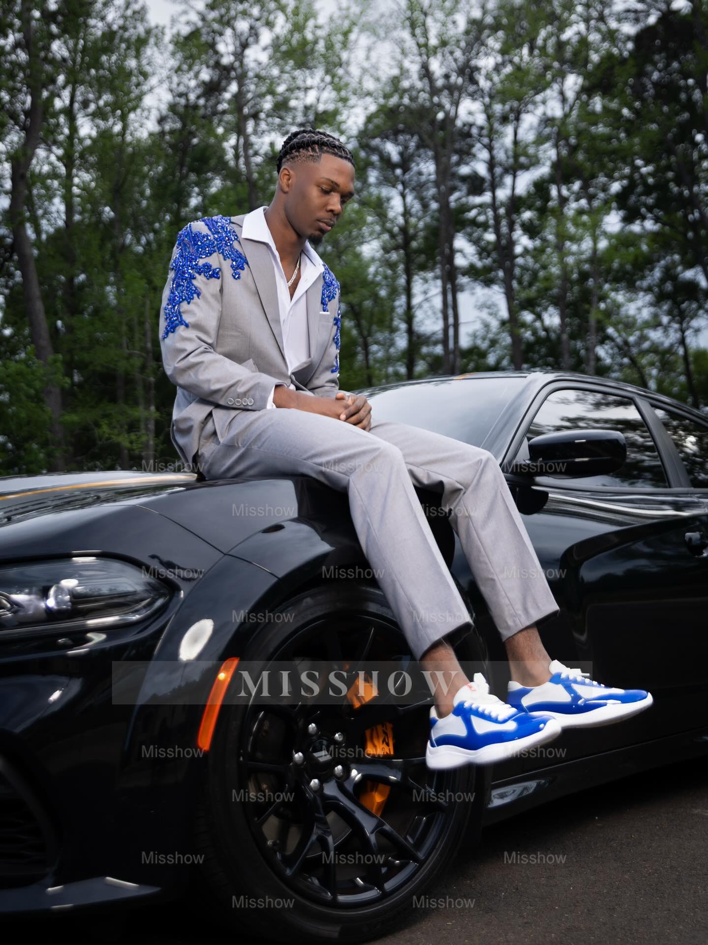 Royal Blue Prom Dress Sheer Beaded Sleeveless Mermaid Gown with Veil